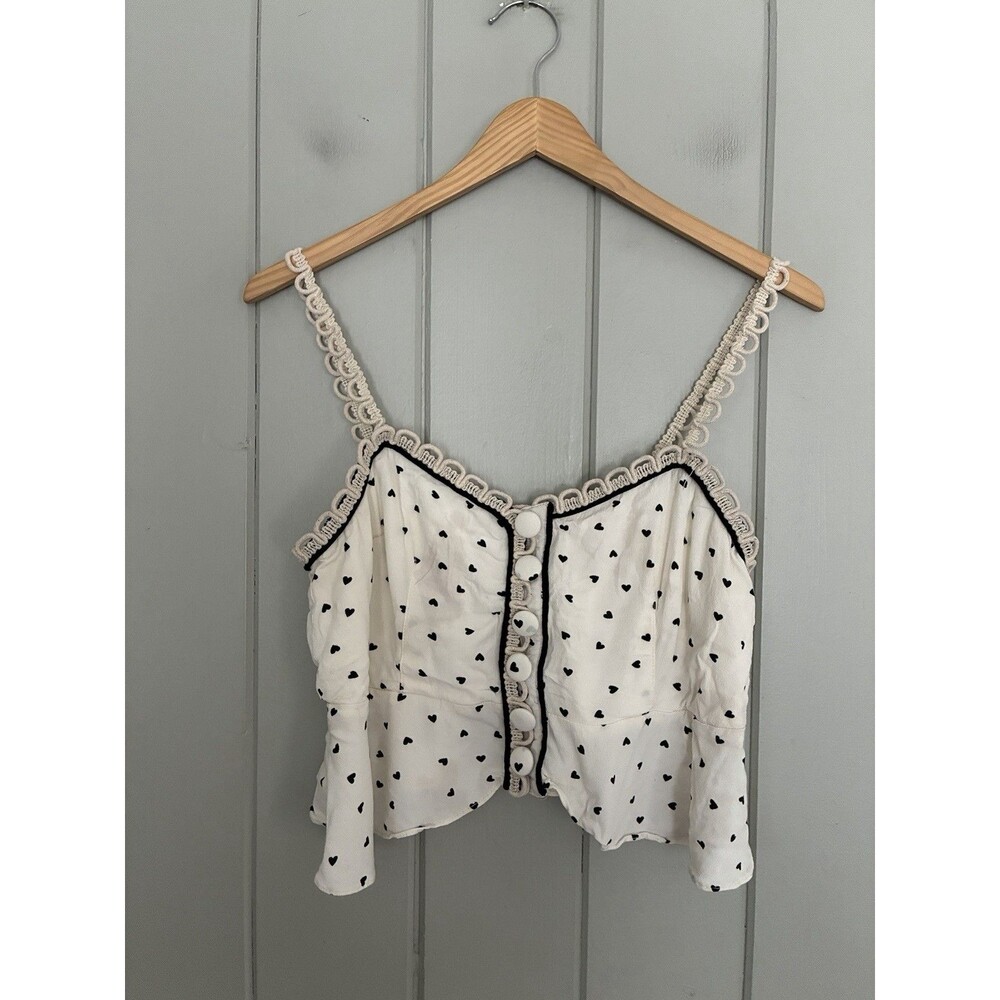 Free People Crop Top Cami XS Ivory Combo Heart Print Button Front Boho Peplum